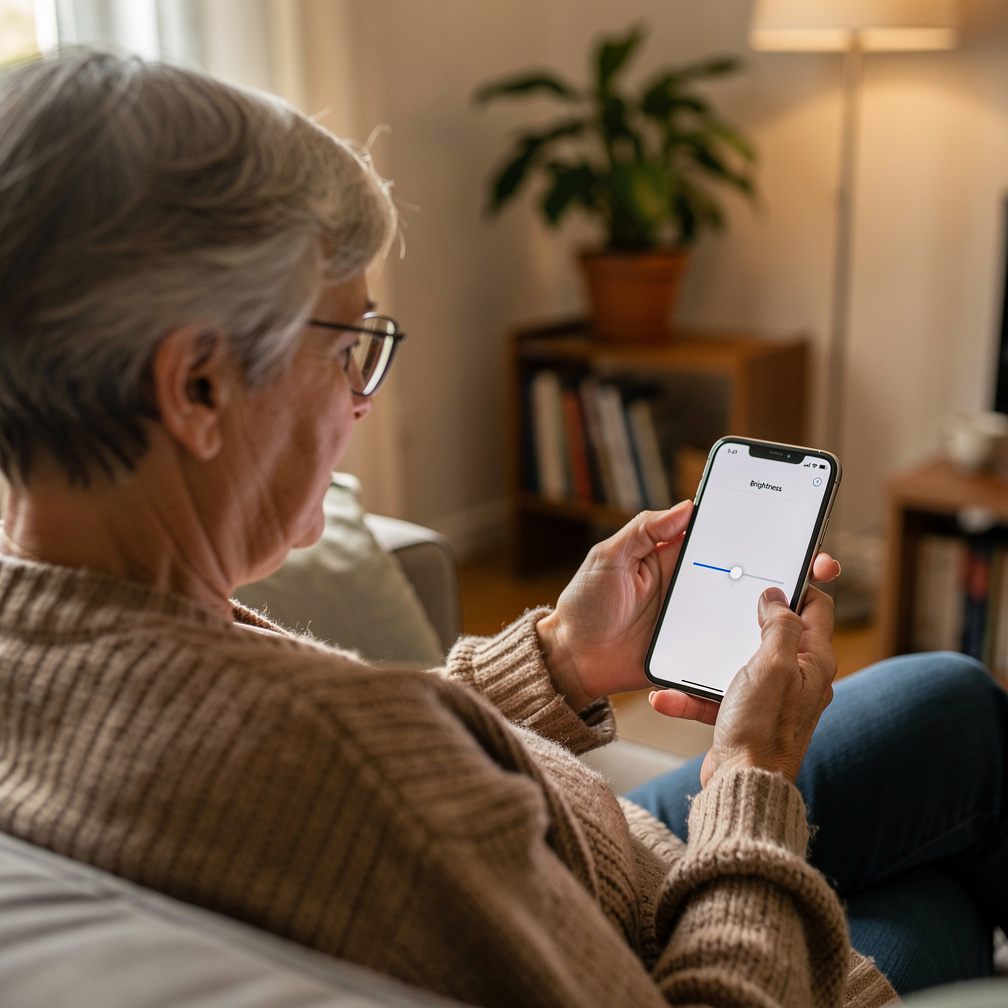 Senior adjusting smartphone brightness and sound settings