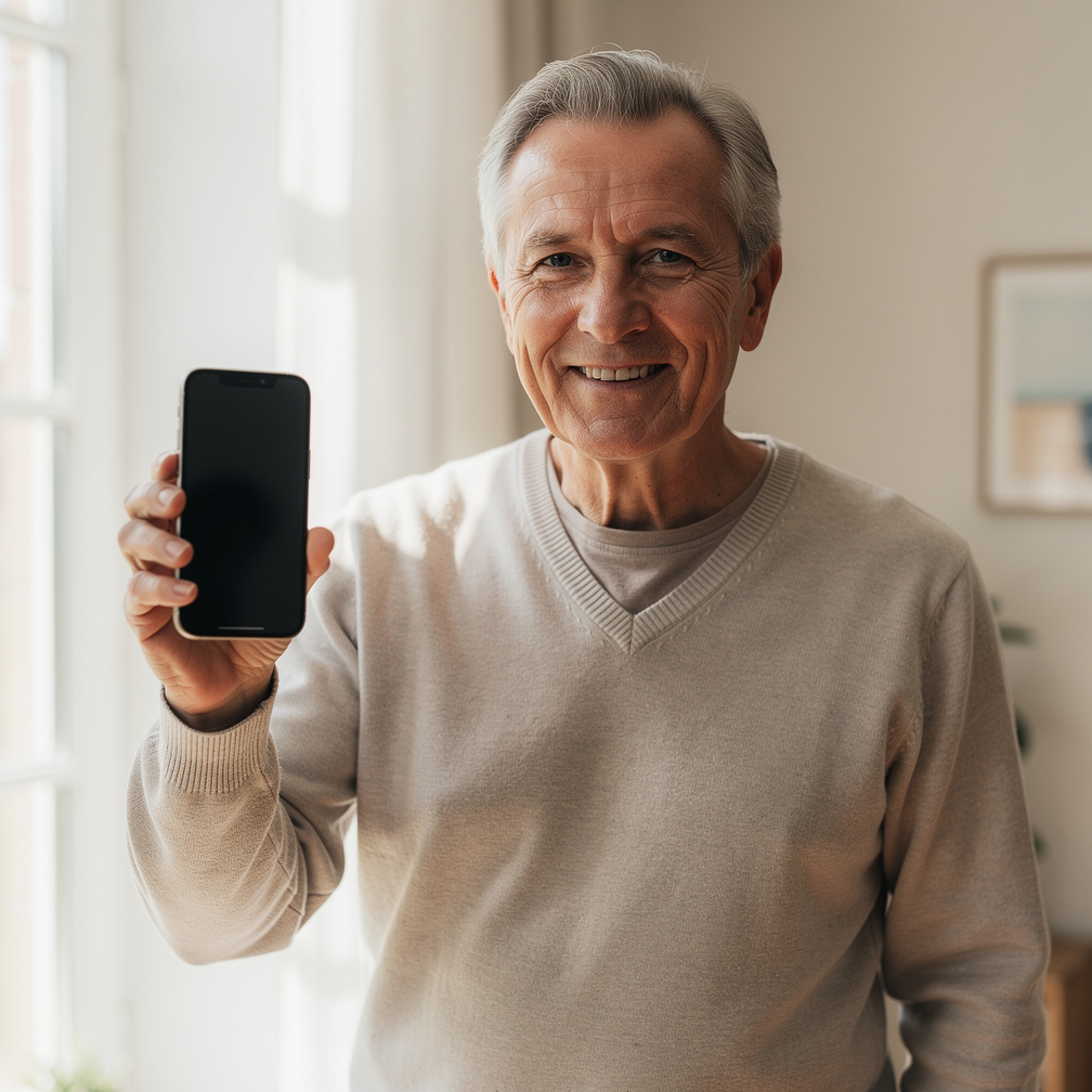 Happy senior man holding a smartphone indoors