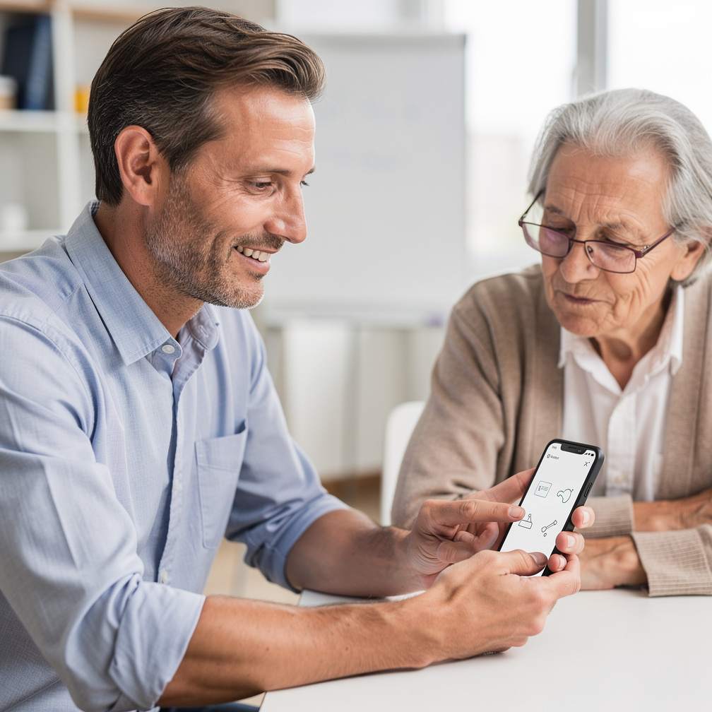 Course instructor helping senior learn smartphone use