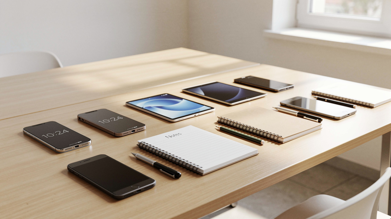 Bright modern classroom desk with tablets and smartphones